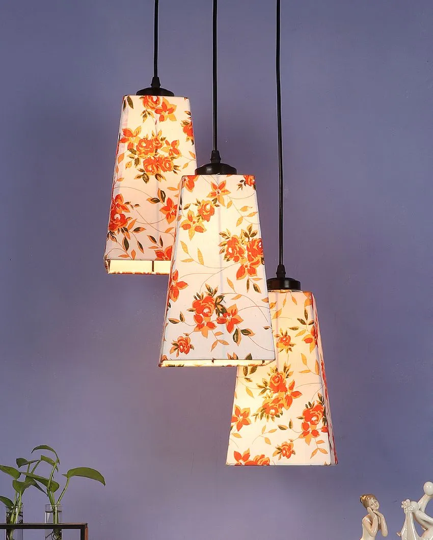 Orange Floral Print Pyramid Cotton Cluster Hanging Lamp