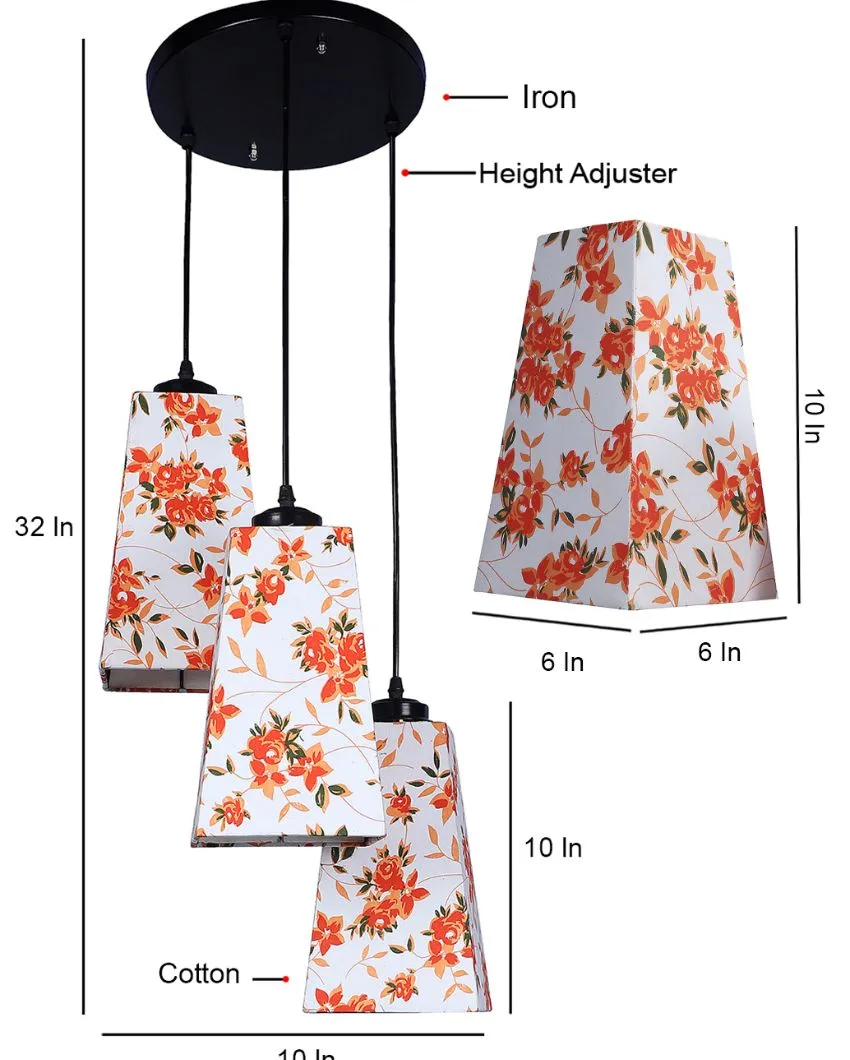 Orange Floral Print Pyramid Cotton Cluster Hanging Lamp
