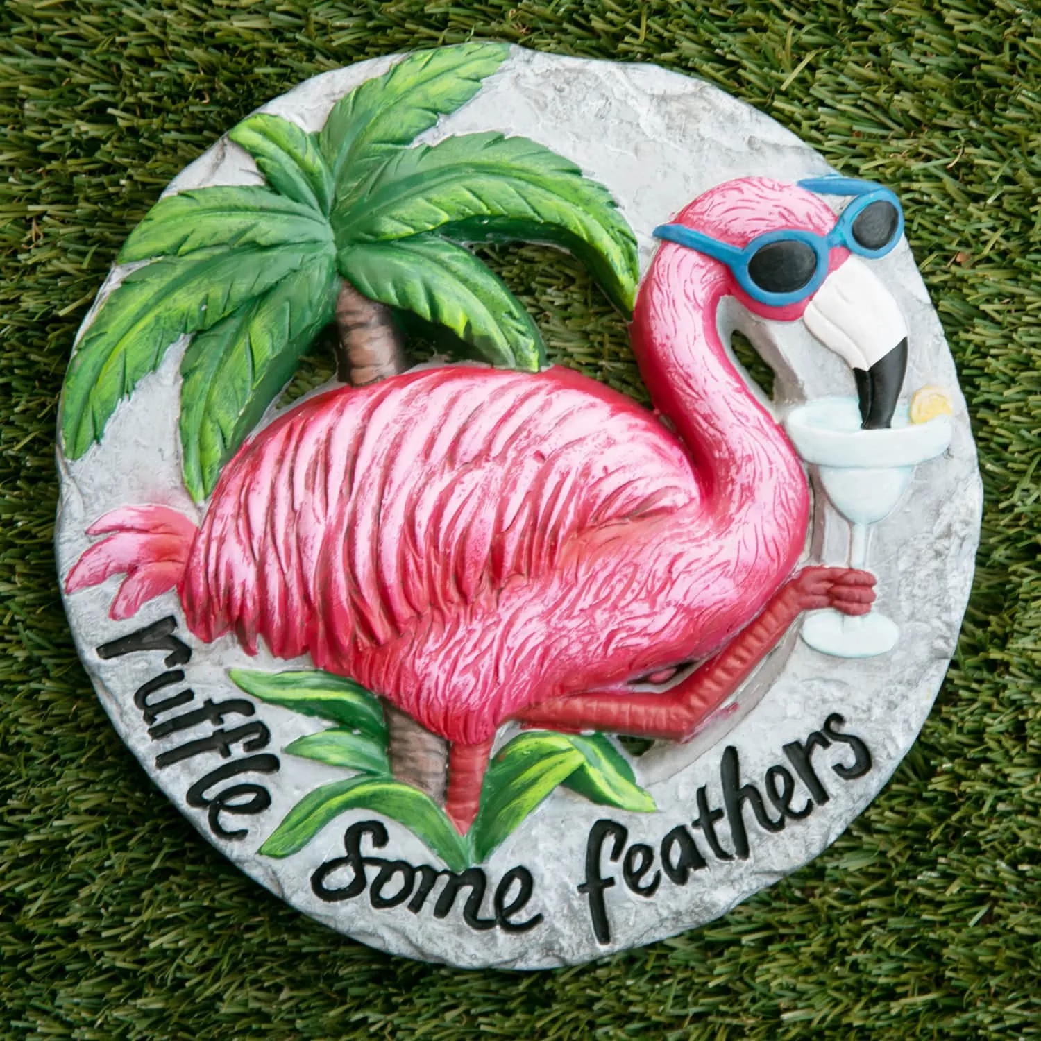 Pink Flamingo with Ruffle Some Feathers Message Hand Painted Resin Stepping Stone, 10 Inch