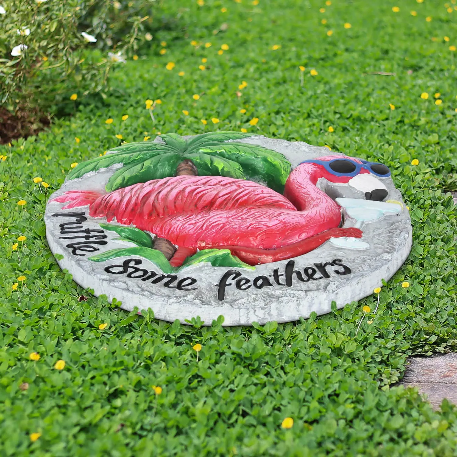 Pink Flamingo with Ruffle Some Feathers Message Hand Painted Resin Stepping Stone, 10 Inch