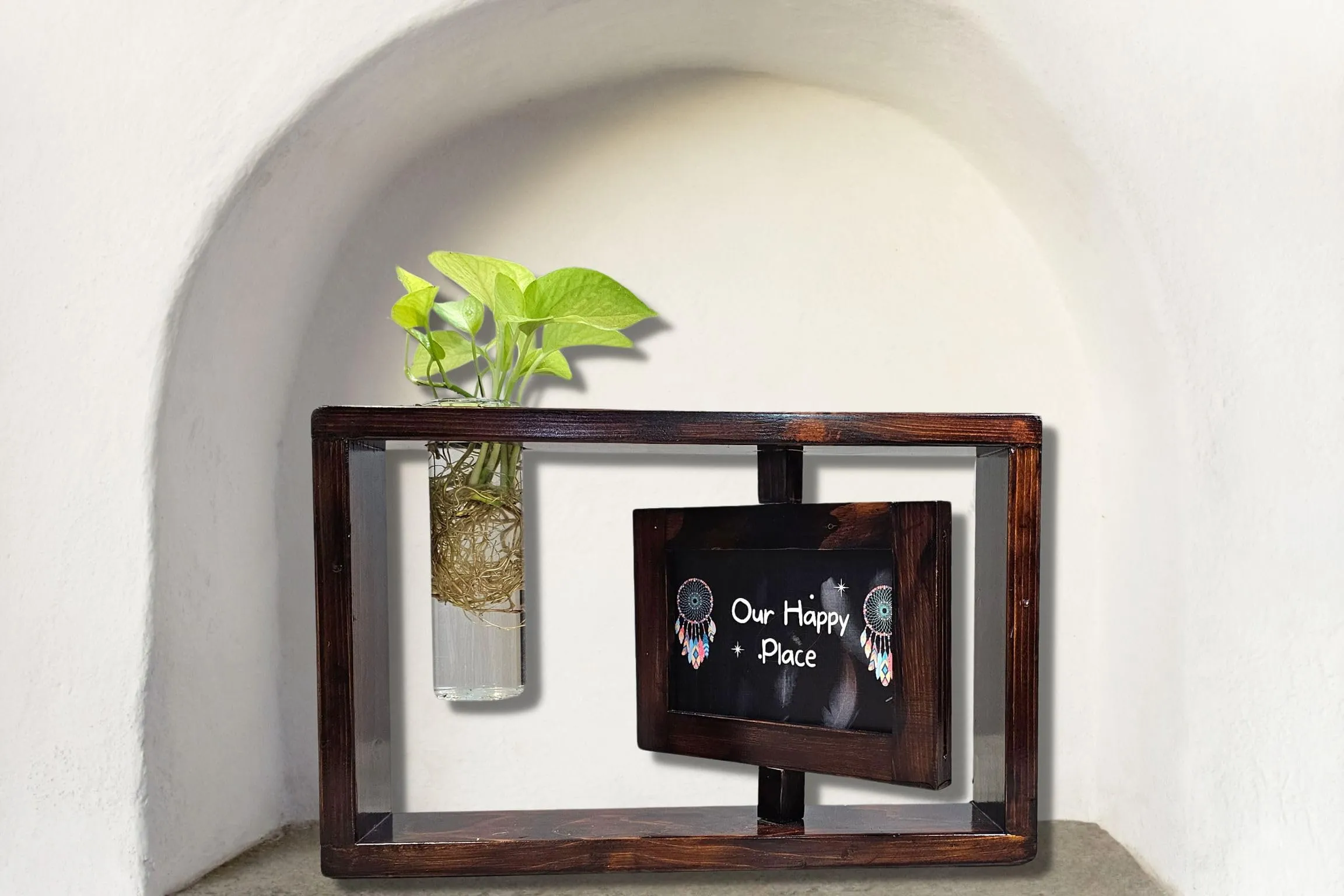 PlantingChemistry - HomEnhancia Wooden Reversible Photo Frame Stand with A Cylinderical Glass Planter for Home, Office, Hotels, Reception Tables, Desks, Table Top and More