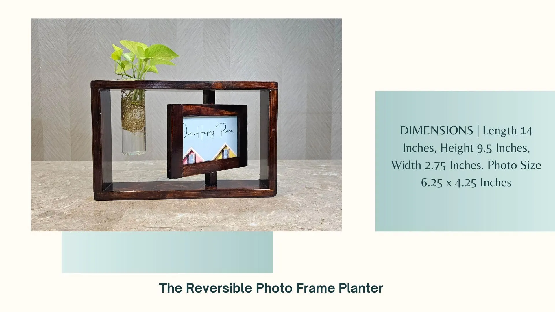 PlantingChemistry - HomEnhancia Wooden Reversible Photo Frame Stand with A Cylinderical Glass Planter for Home, Office, Hotels, Reception Tables, Desks, Table Top and More
