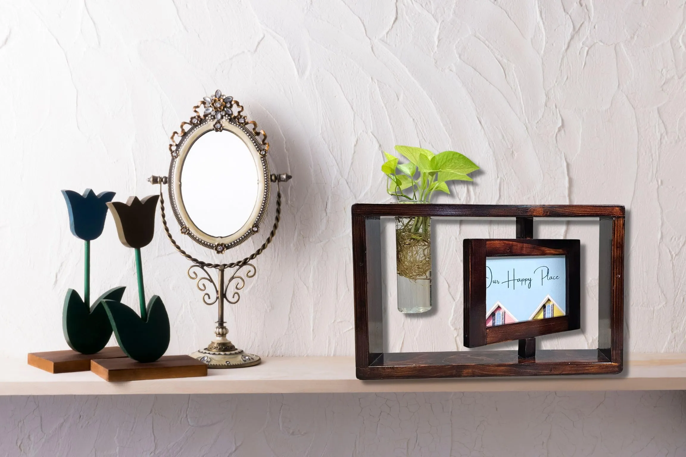 PlantingChemistry - HomEnhancia Wooden Reversible Photo Frame Stand with A Cylinderical Glass Planter for Home, Office, Hotels, Reception Tables, Desks, Table Top and More