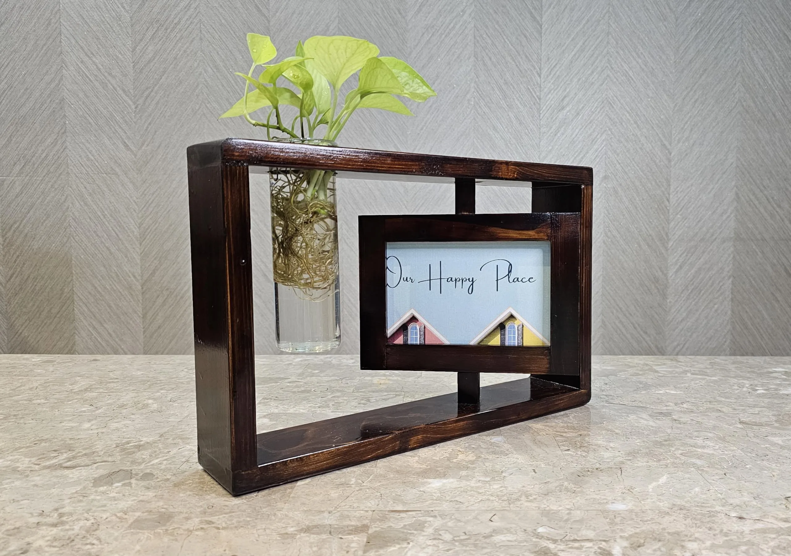 PlantingChemistry - HomEnhancia Wooden Reversible Photo Frame Stand with A Cylinderical Glass Planter for Home, Office, Hotels, Reception Tables, Desks, Table Top and More