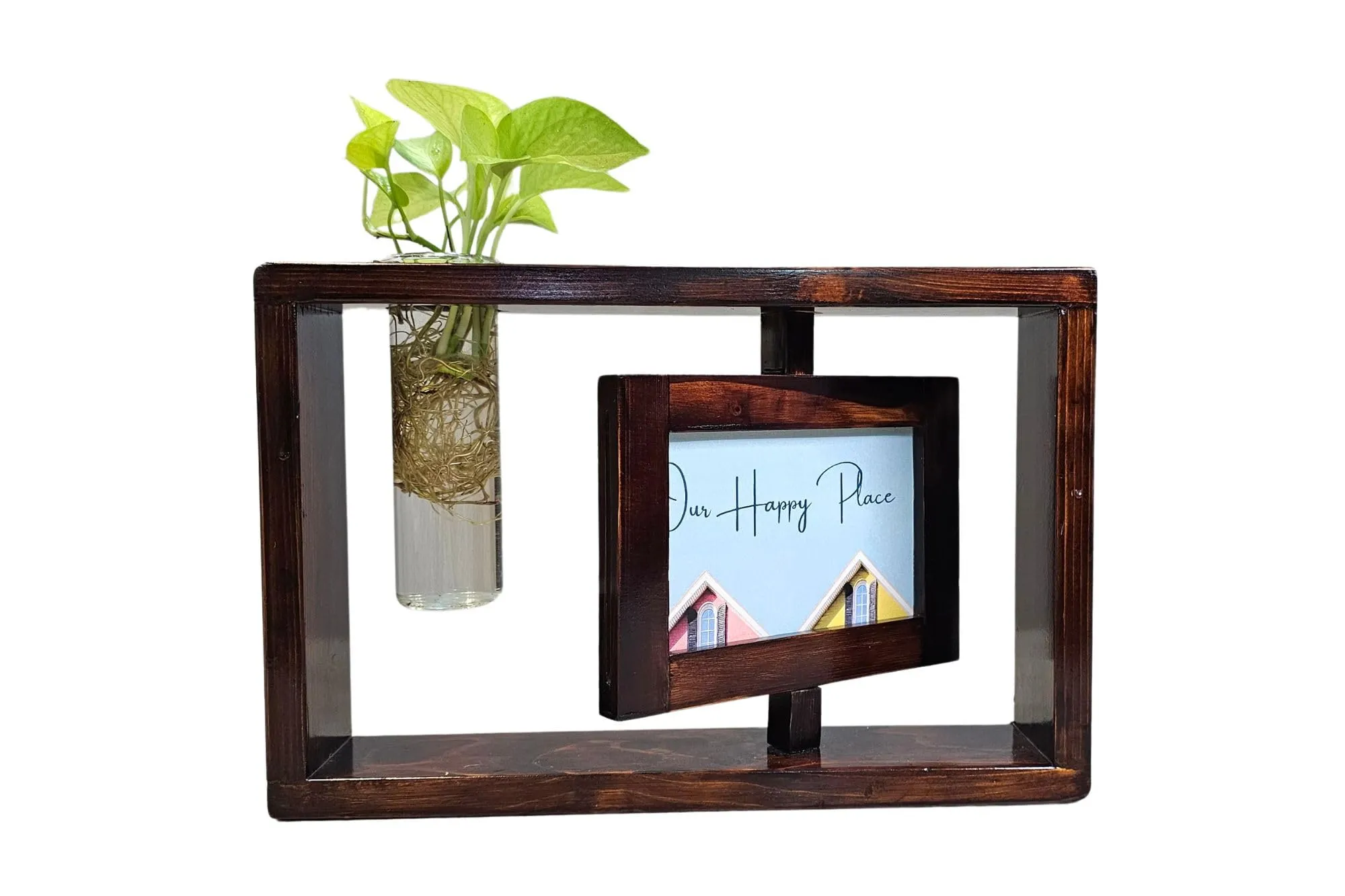 PlantingChemistry - HomEnhancia Wooden Reversible Photo Frame Stand with A Cylinderical Glass Planter for Home, Office, Hotels, Reception Tables, Desks, Table Top and More