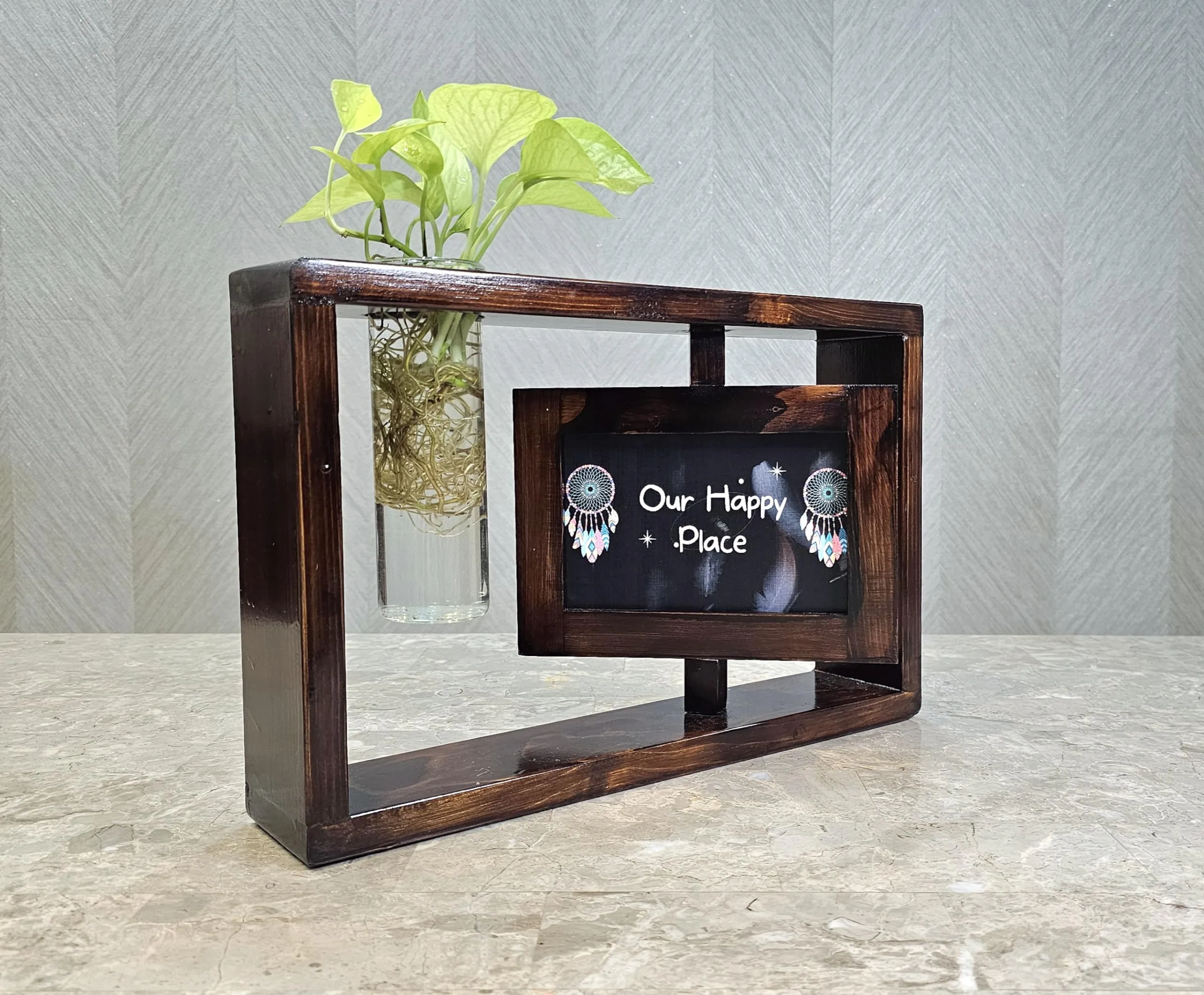 PlantingChemistry - HomEnhancia Wooden Reversible Photo Frame Stand with A Cylinderical Glass Planter for Home, Office, Hotels, Reception Tables, Desks, Table Top and More