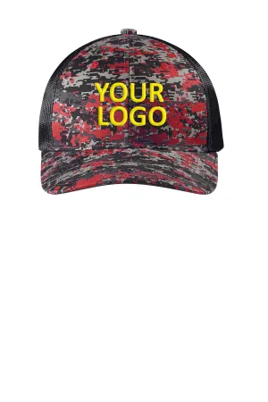 Port Authority Digi Camo Snapback Trucker Branded Caps, Flame RedDigi/ Grey Steel