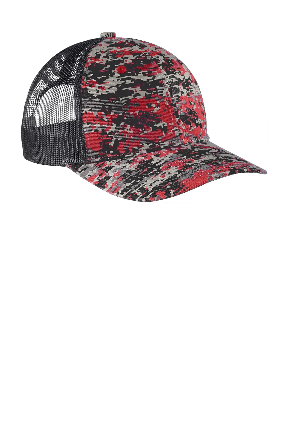 Port Authority Digi Camo Snapback Trucker Branded Caps, Flame RedDigi/ Grey Steel