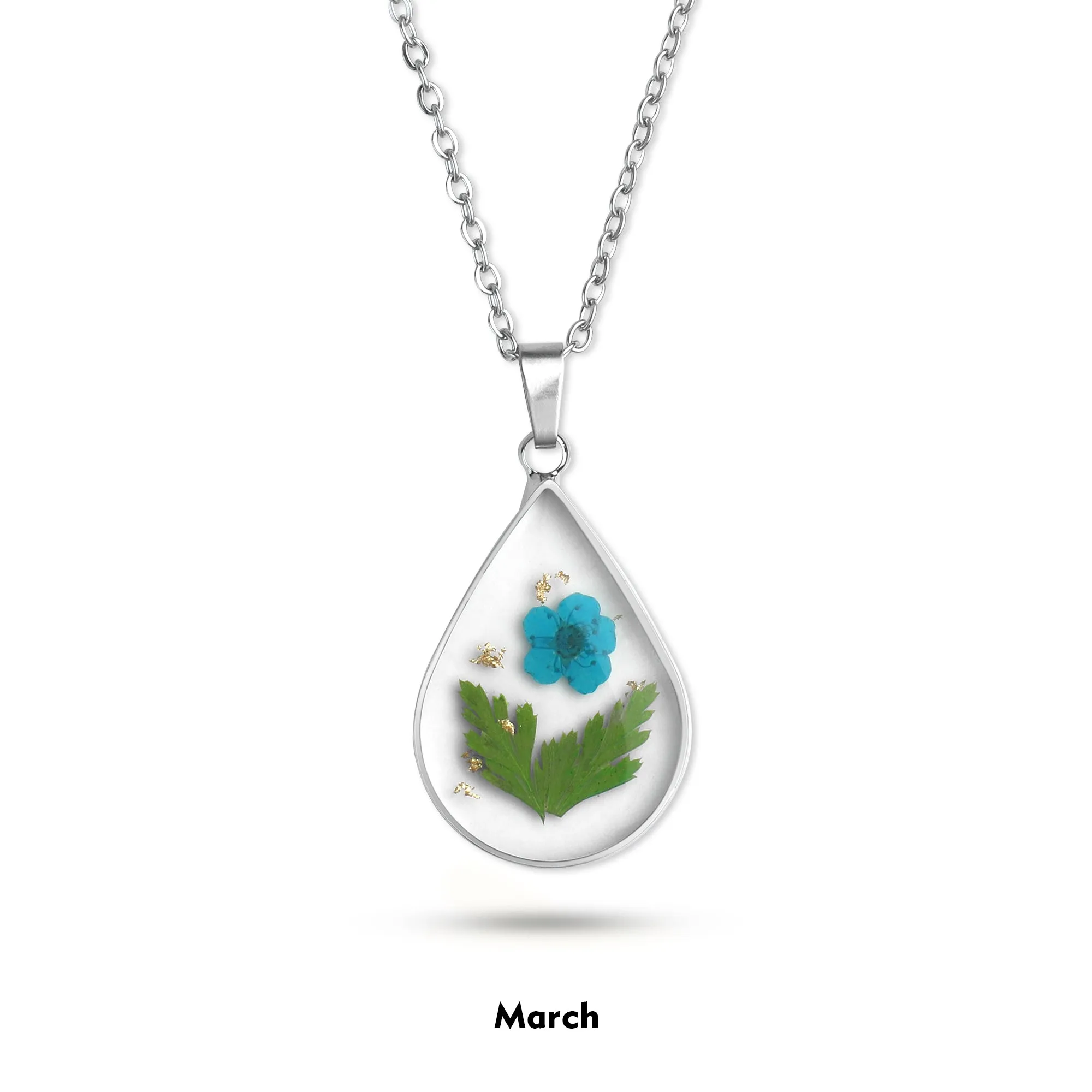 Pressed Birth Flower Droplet Necklace