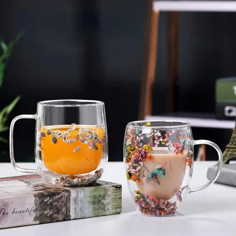 Pressed Flowers Double-Walled Glass Mug