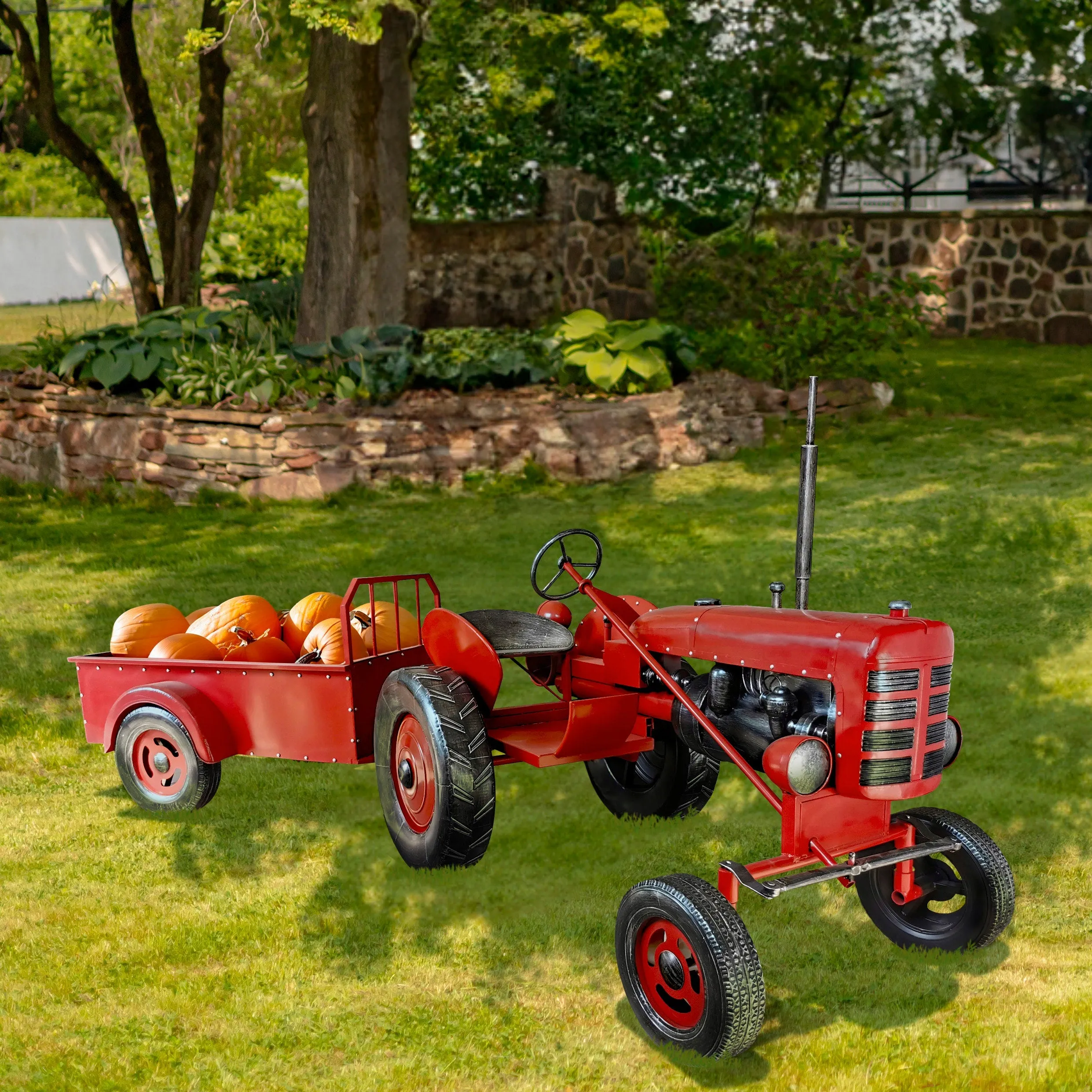"The Chesney" Red Metal Decorative Tractor with Cart
