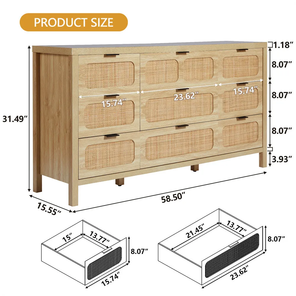 Rattan Dresser Large Long Wooden Storage Cabinet with 9 Drawers