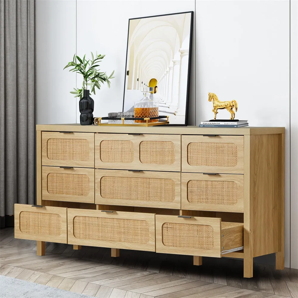 Rattan Dresser Large Long Wooden Storage Cabinet with 9 Drawers