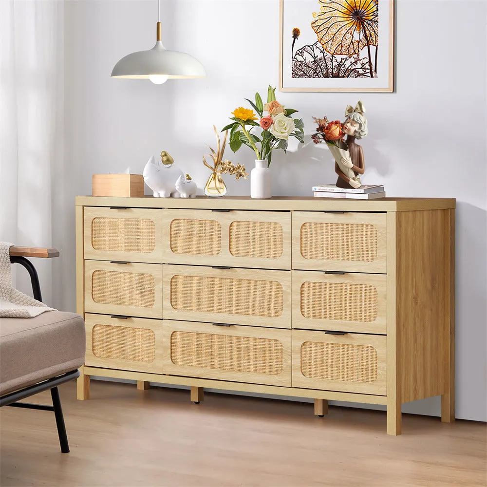 Rattan Dresser Large Long Wooden Storage Cabinet with 9 Drawers
