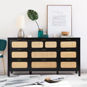 Rattan Dresser Large Long Wooden Storage Cabinet with 9 Drawers