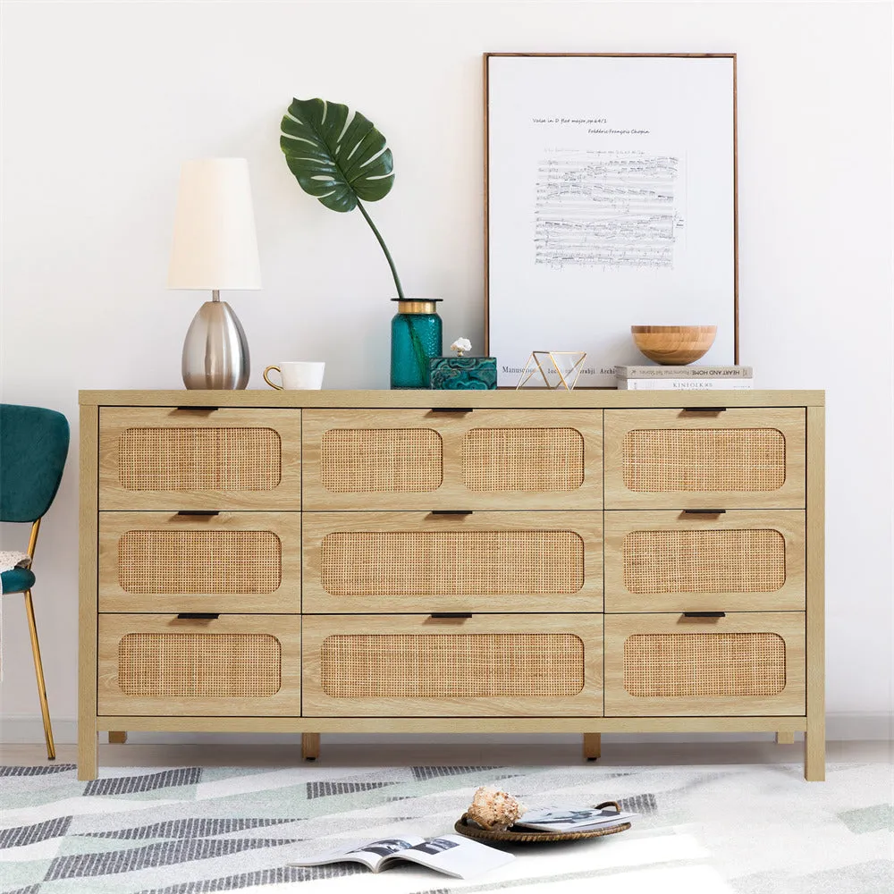 Rattan Dresser Large Long Wooden Storage Cabinet with 9 Drawers