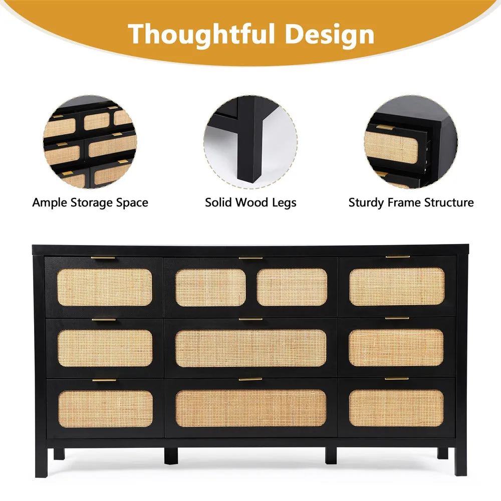 Rattan Dresser Large Long Wooden Storage Cabinet with 9 Drawers