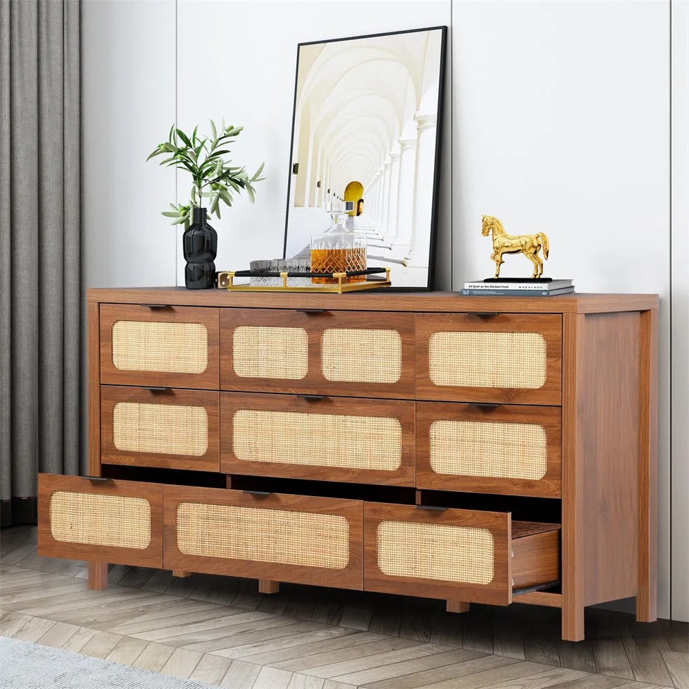 Rattan Dresser Large Long Wooden Storage Cabinet with 9 Drawers