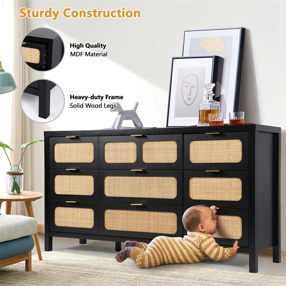 Rattan Dresser Large Long Wooden Storage Cabinet with 9 Drawers