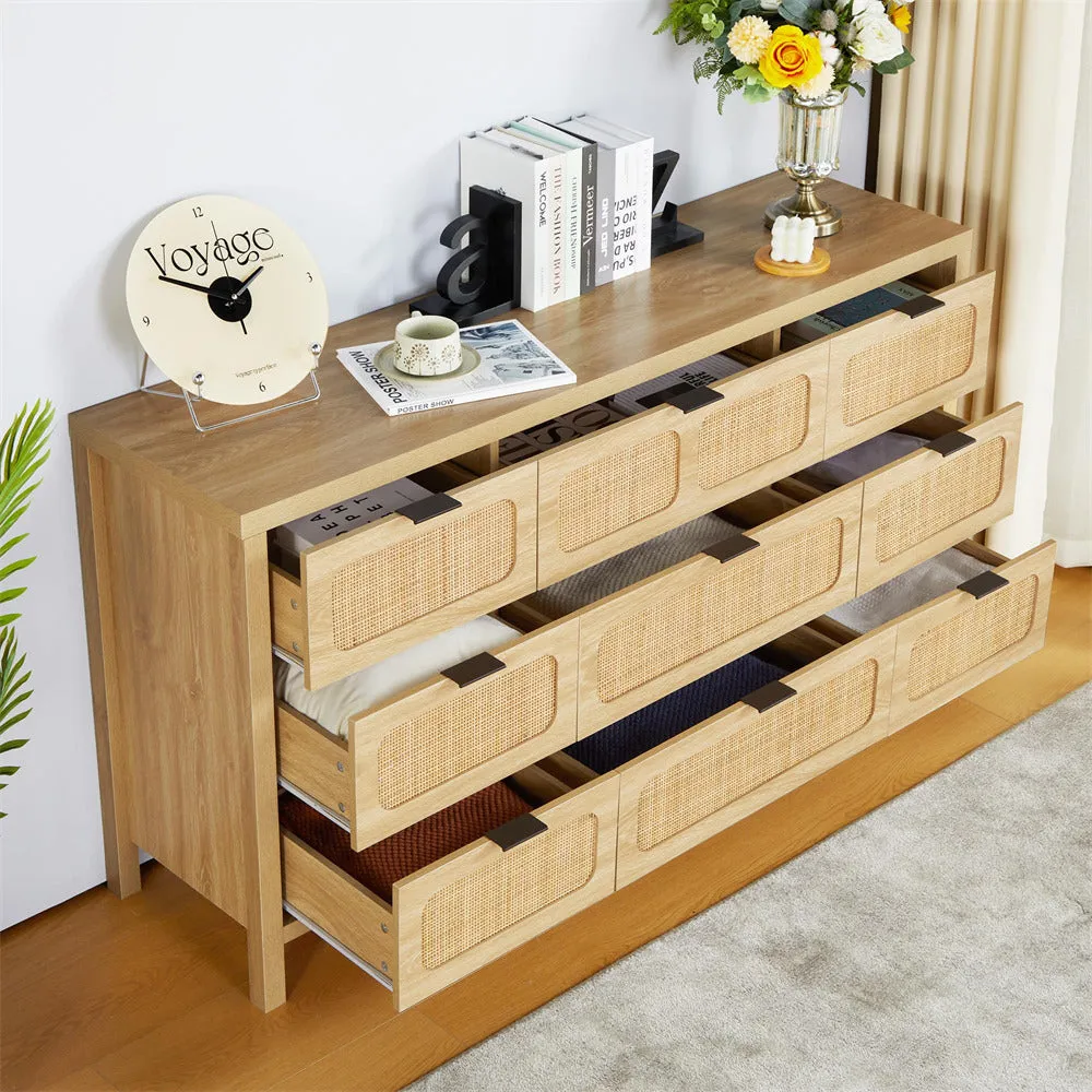 Rattan Dresser Large Long Wooden Storage Cabinet with 9 Drawers