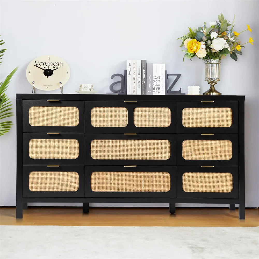 Rattan Dresser Large Long Wooden Storage Cabinet with 9 Drawers