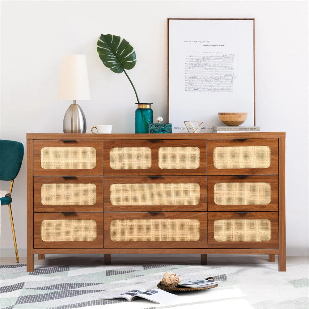 Rattan Dresser Large Long Wooden Storage Cabinet with 9 Drawers