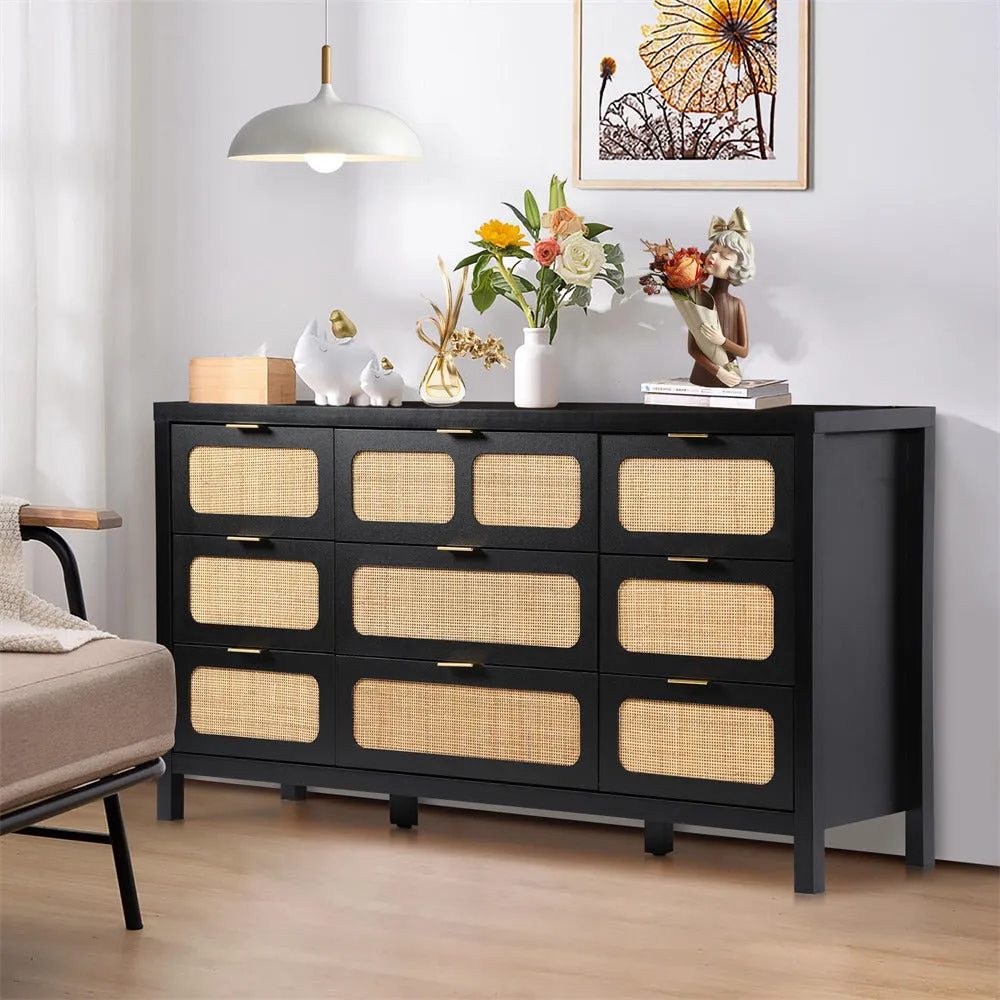 Rattan Dresser Large Long Wooden Storage Cabinet with 9 Drawers