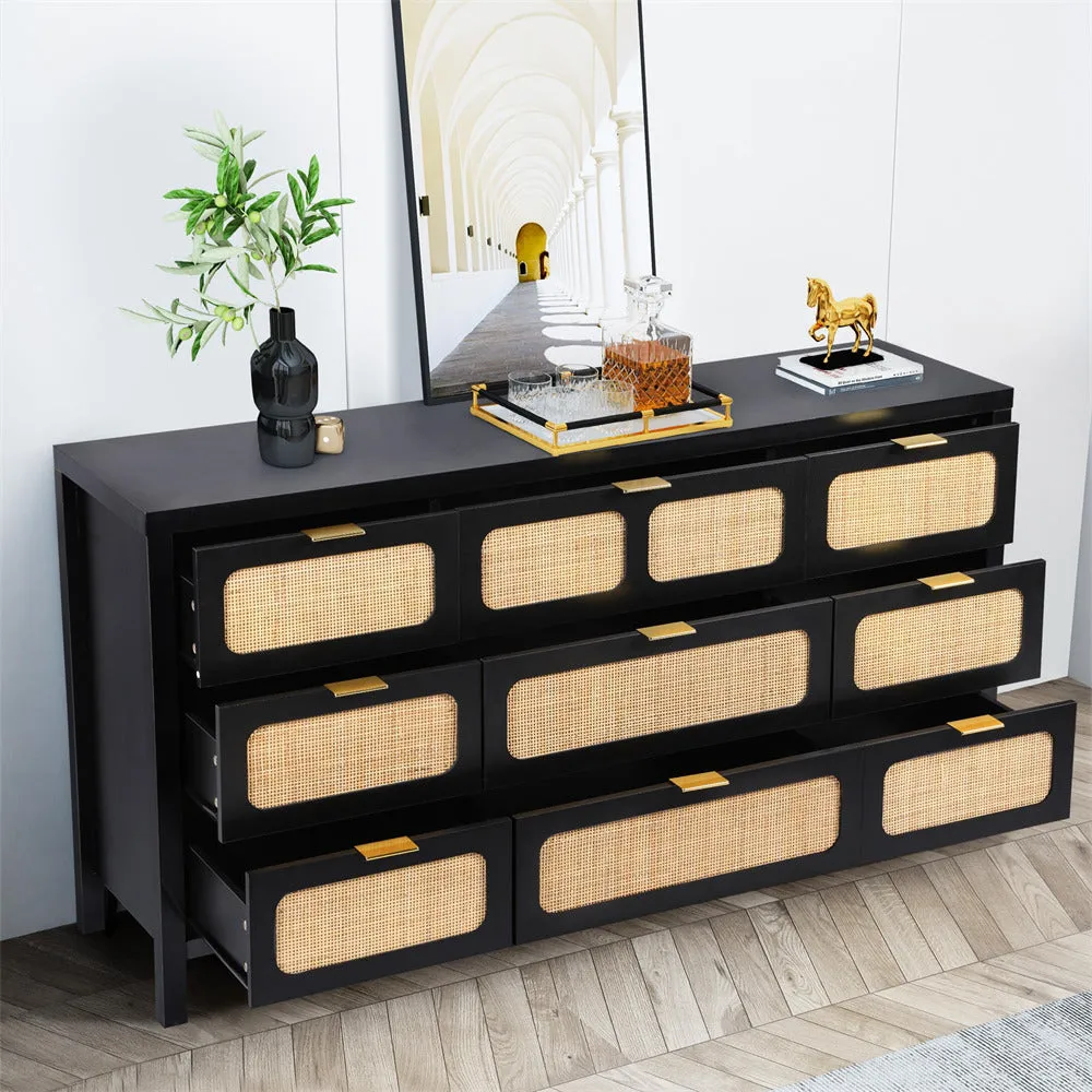 Rattan Dresser Large Long Wooden Storage Cabinet with 9 Drawers