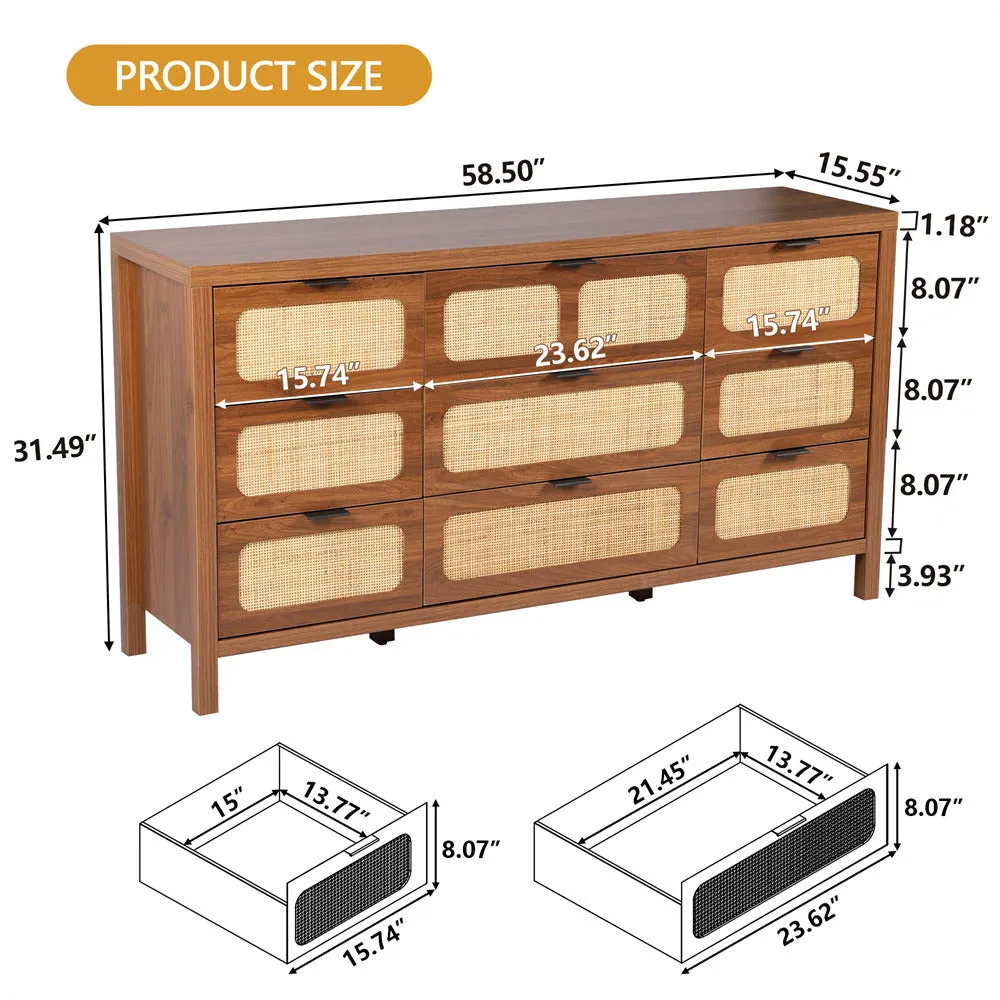 Rattan Dresser Large Long Wooden Storage Cabinet with 9 Drawers