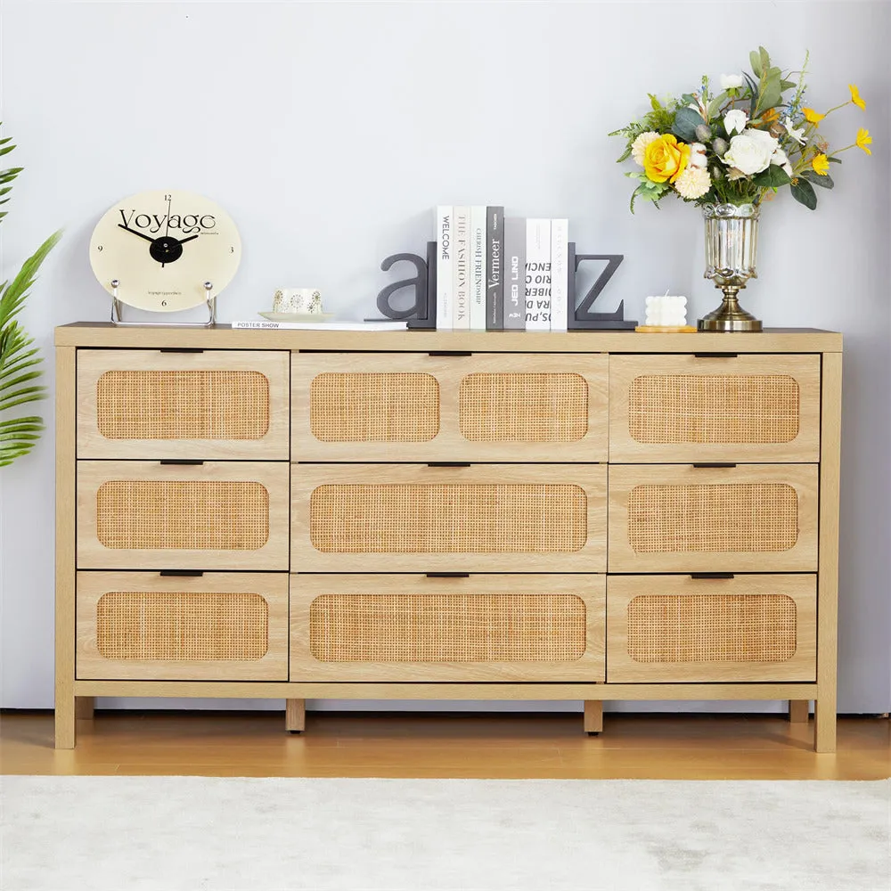 Rattan Dresser Large Long Wooden Storage Cabinet with 9 Drawers