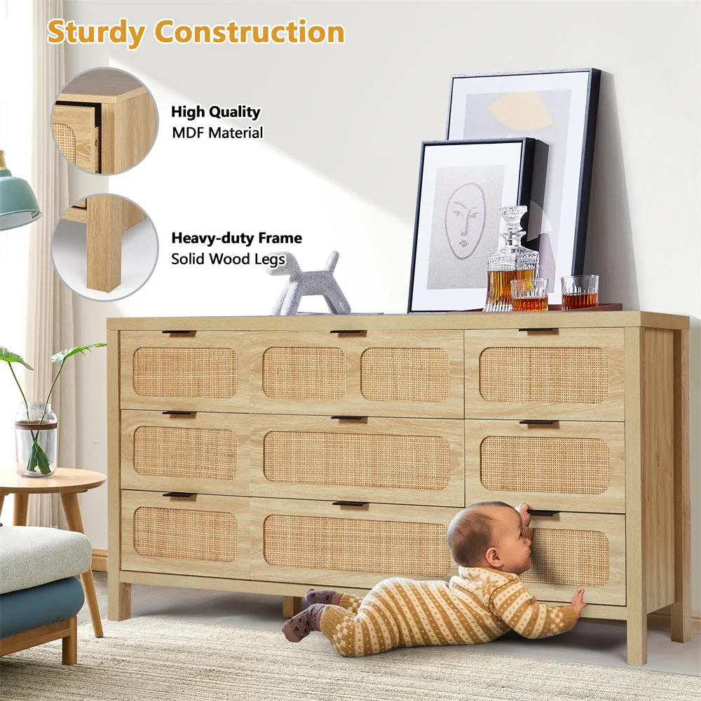 Rattan Dresser Large Long Wooden Storage Cabinet with 9 Drawers