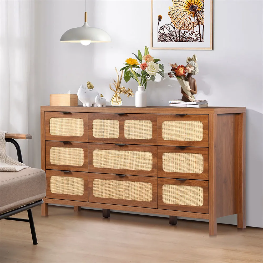 Rattan Dresser Large Long Wooden Storage Cabinet with 9 Drawers