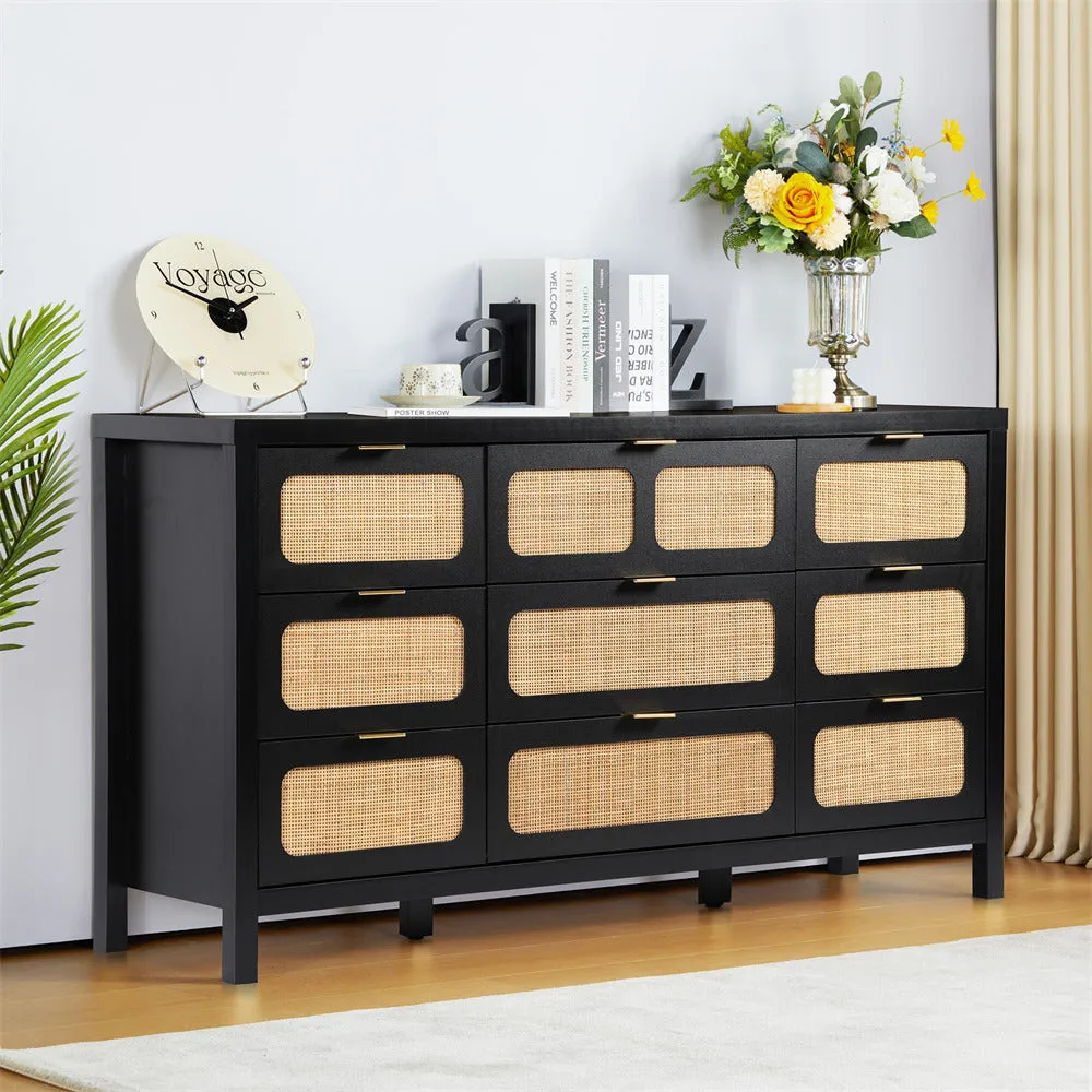 Rattan Dresser Large Long Wooden Storage Cabinet with 9 Drawers