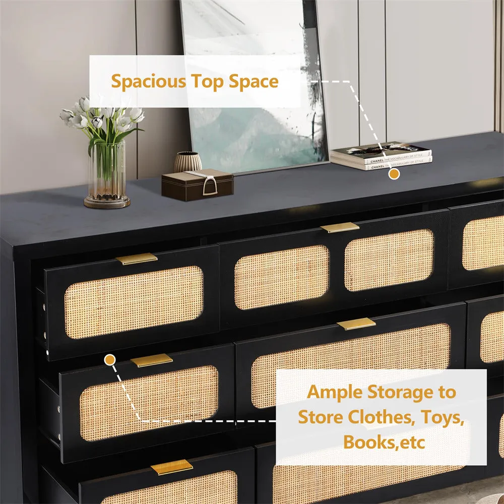 Rattan Dresser Large Long Wooden Storage Cabinet with 9 Drawers