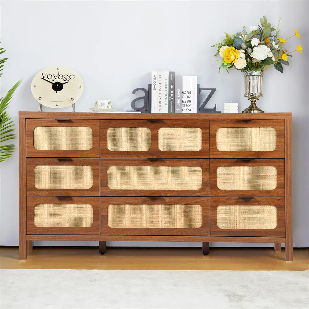Rattan Dresser Large Long Wooden Storage Cabinet with 9 Drawers