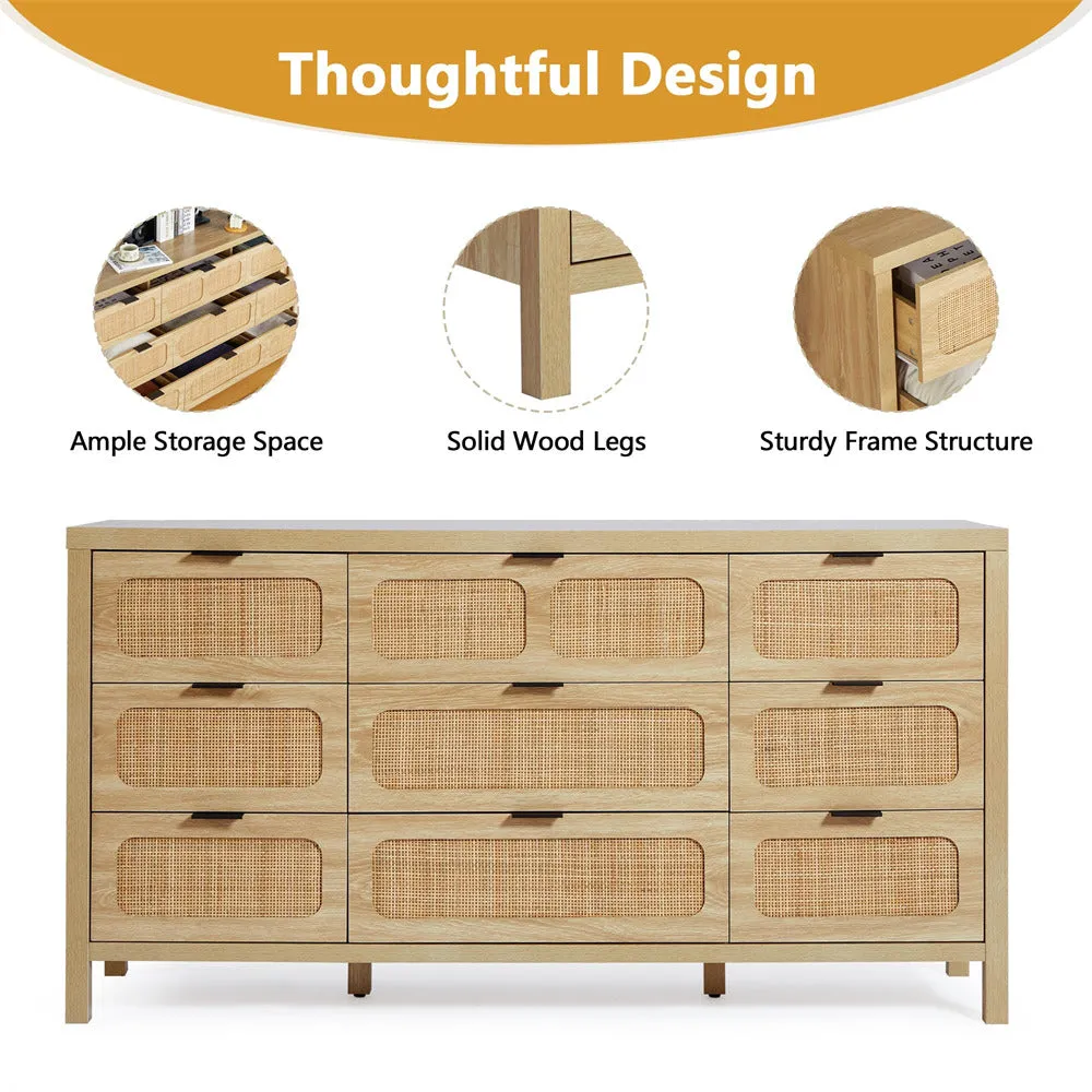 Rattan Dresser Large Long Wooden Storage Cabinet with 9 Drawers