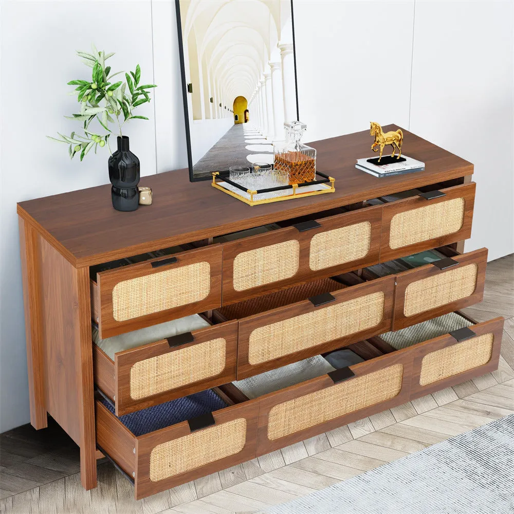 Rattan Dresser Large Long Wooden Storage Cabinet with 9 Drawers