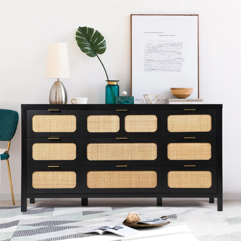 Rattan Dresser Large Long Wooden Storage Cabinet with 9 Drawers