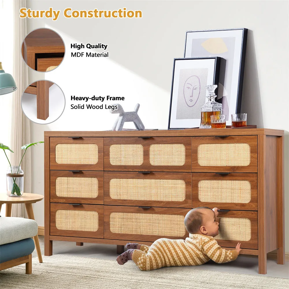 Rattan Dresser Large Long Wooden Storage Cabinet with 9 Drawers