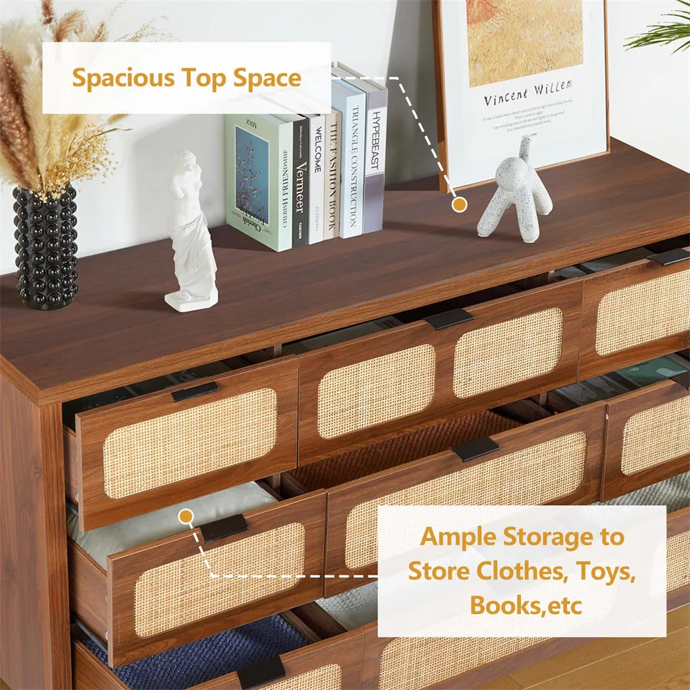 Rattan Dresser Large Long Wooden Storage Cabinet with 9 Drawers