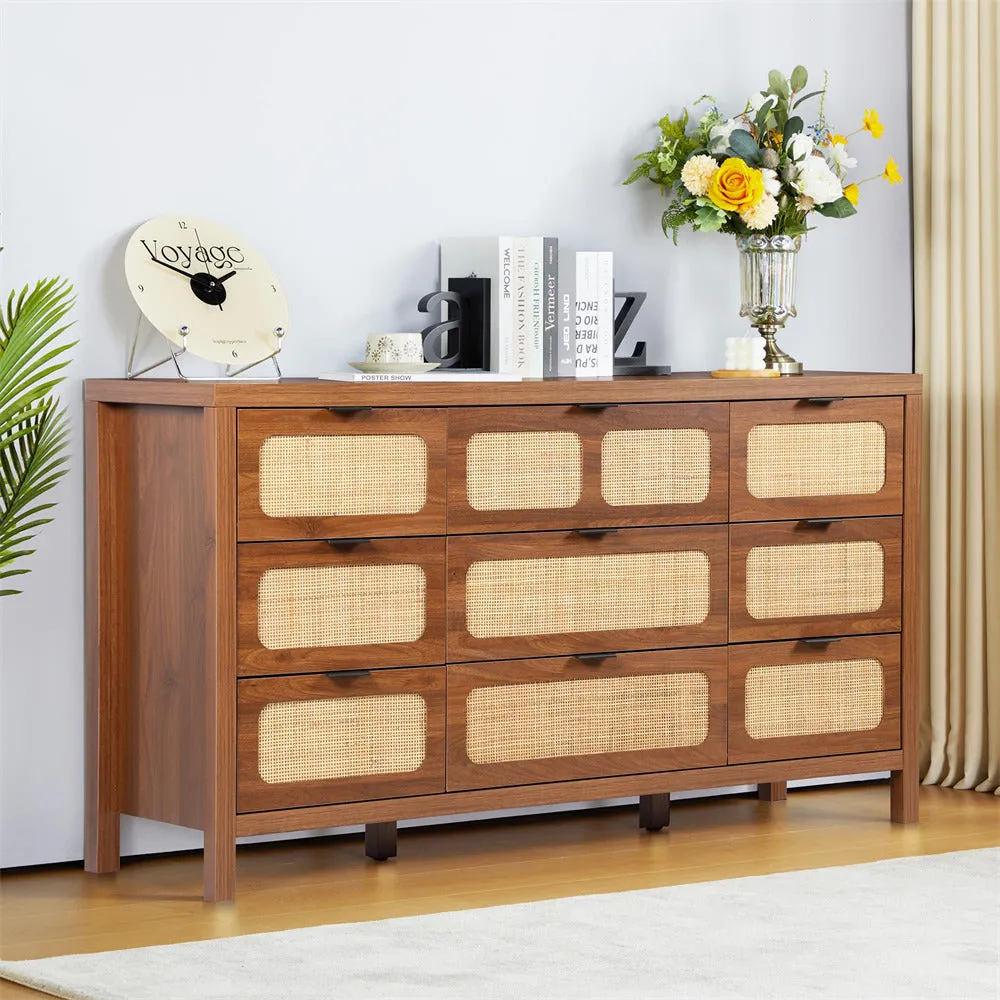 Rattan Dresser Large Long Wooden Storage Cabinet with 9 Drawers