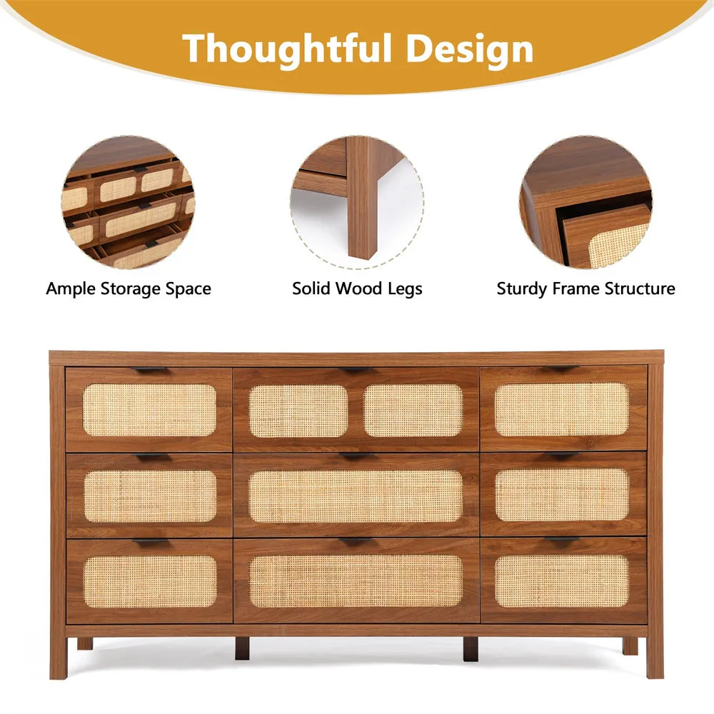 Rattan Dresser Large Long Wooden Storage Cabinet with 9 Drawers