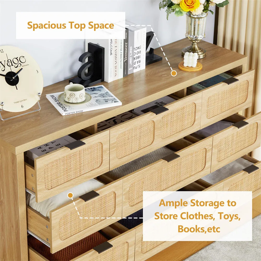 Rattan Dresser Large Long Wooden Storage Cabinet with 9 Drawers