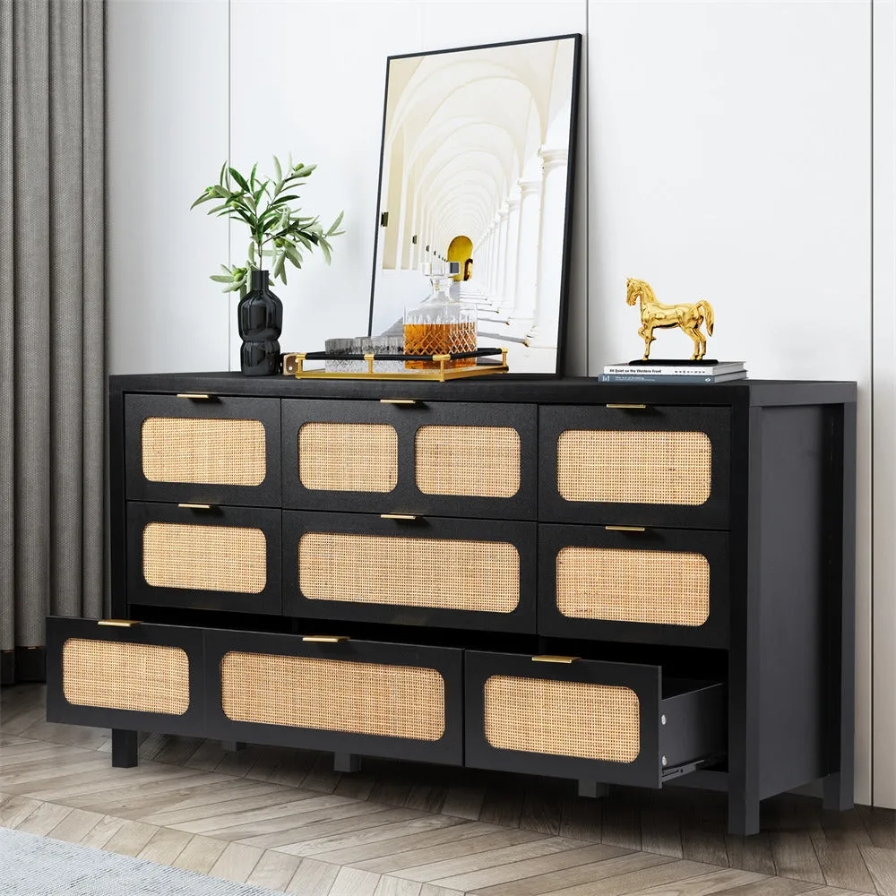 Rattan Dresser Large Long Wooden Storage Cabinet with 9 Drawers