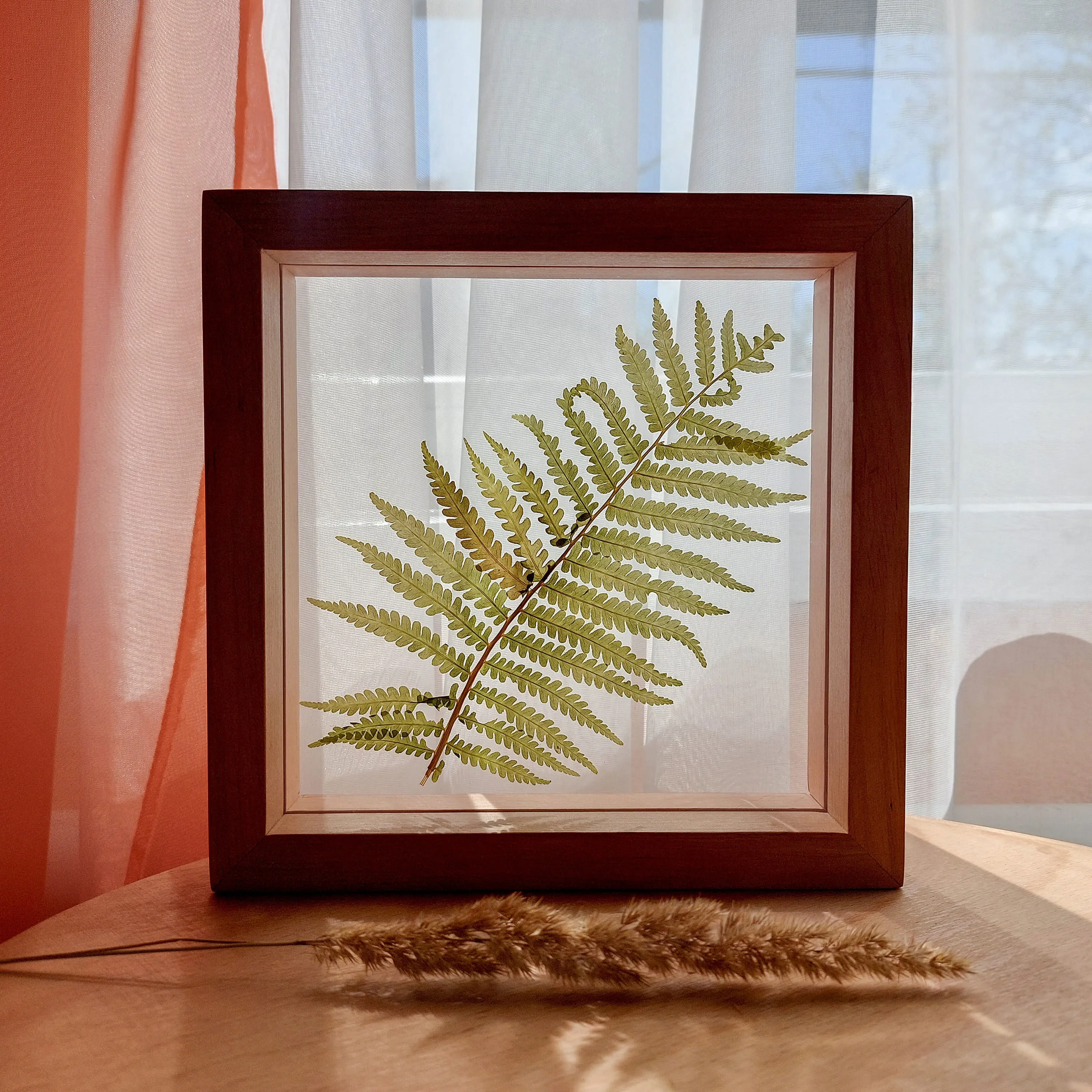 Real fern pressed leaf on plexiglass artwork with wooden square frame for Nature lover gift