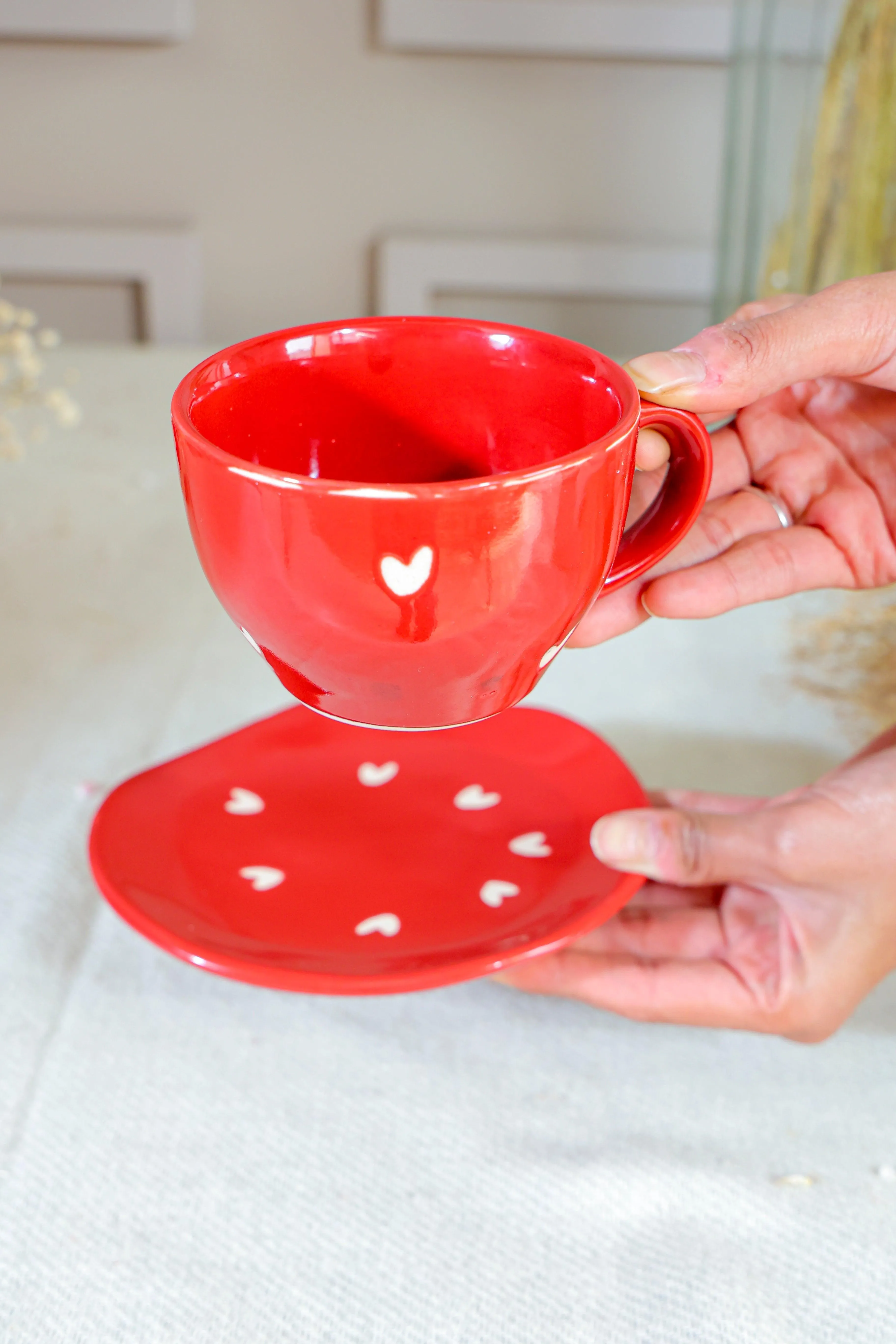 Red Ceramic Heart Tea & Coffee Cup Saucer Set For Kitchen & Dining