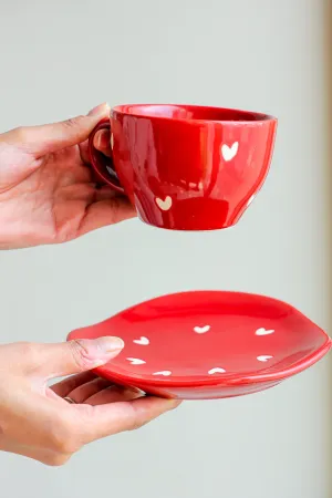 Red Ceramic Heart Tea & Coffee Cup Saucer Set For Kitchen & Dining