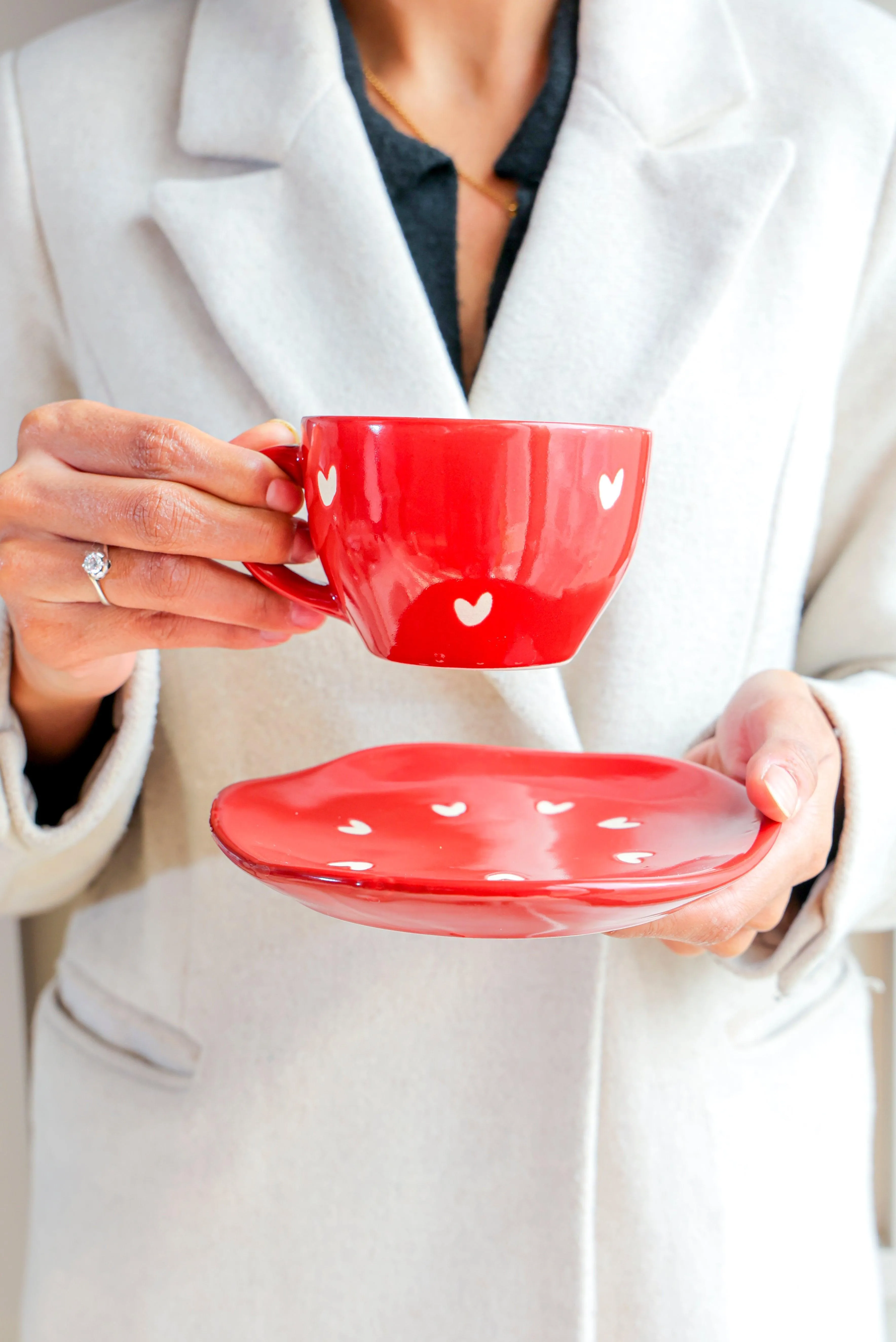 Red Ceramic Heart Tea & Coffee Cup Saucer Set For Kitchen & Dining