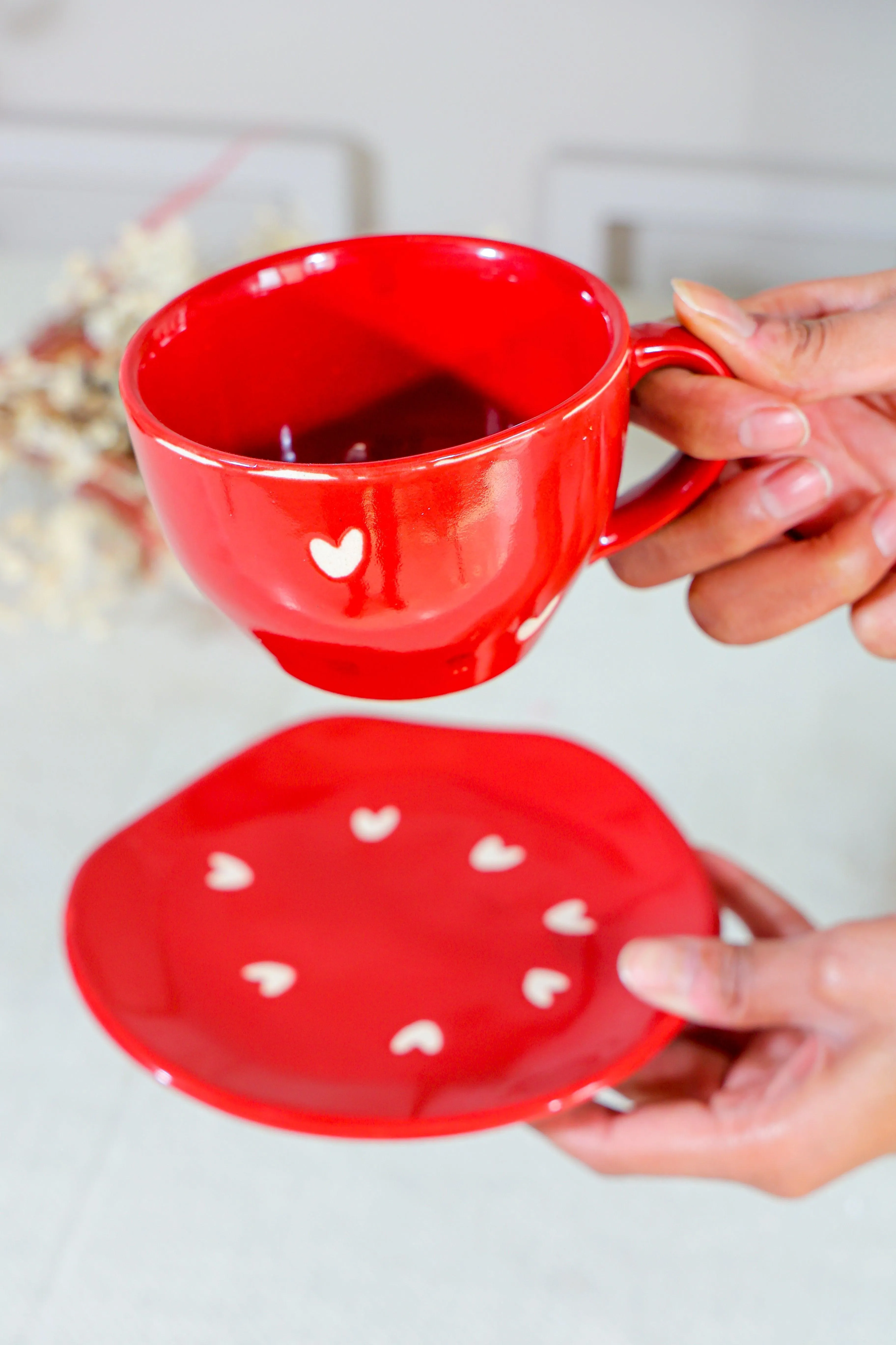 Red Ceramic Heart Tea & Coffee Cup Saucer Set For Kitchen & Dining