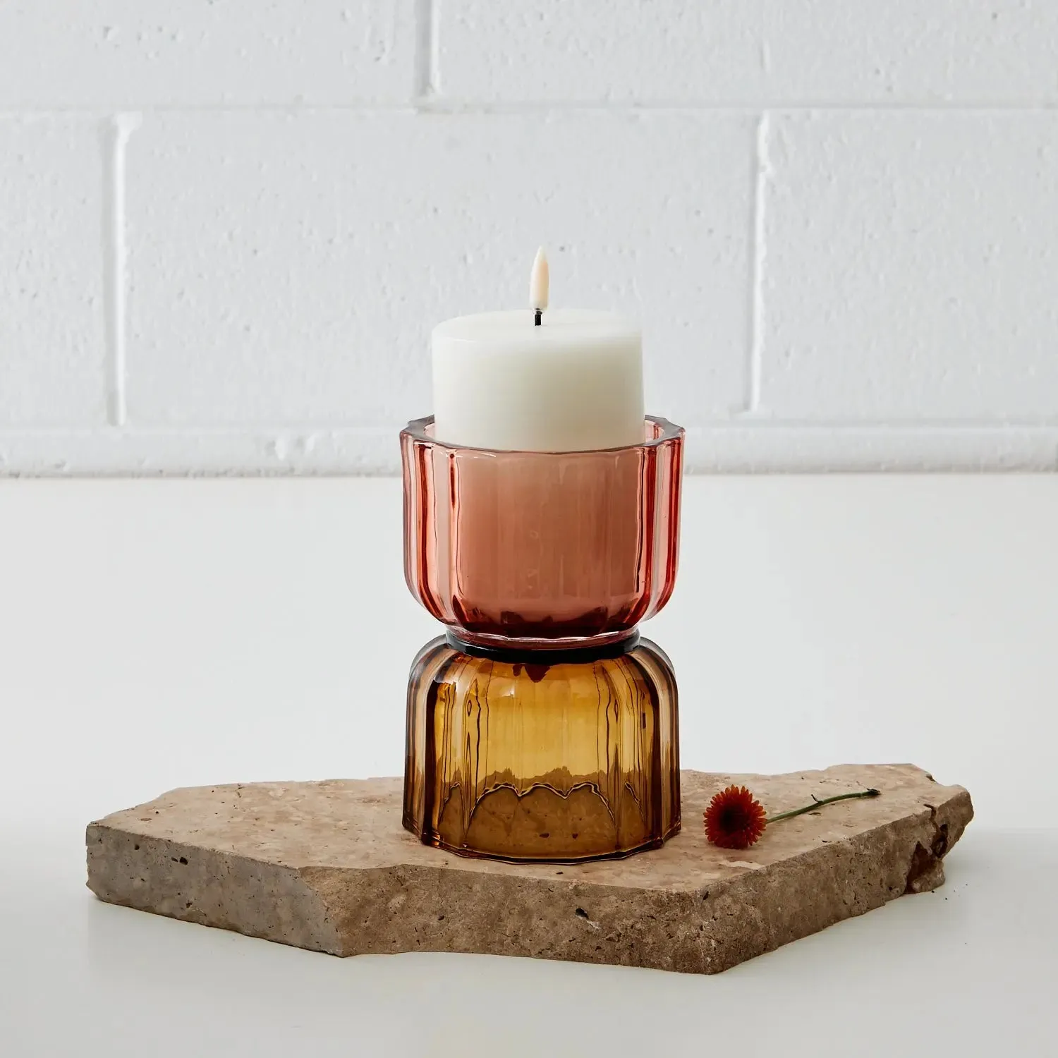 Ribbed Glass Candleholder Pink